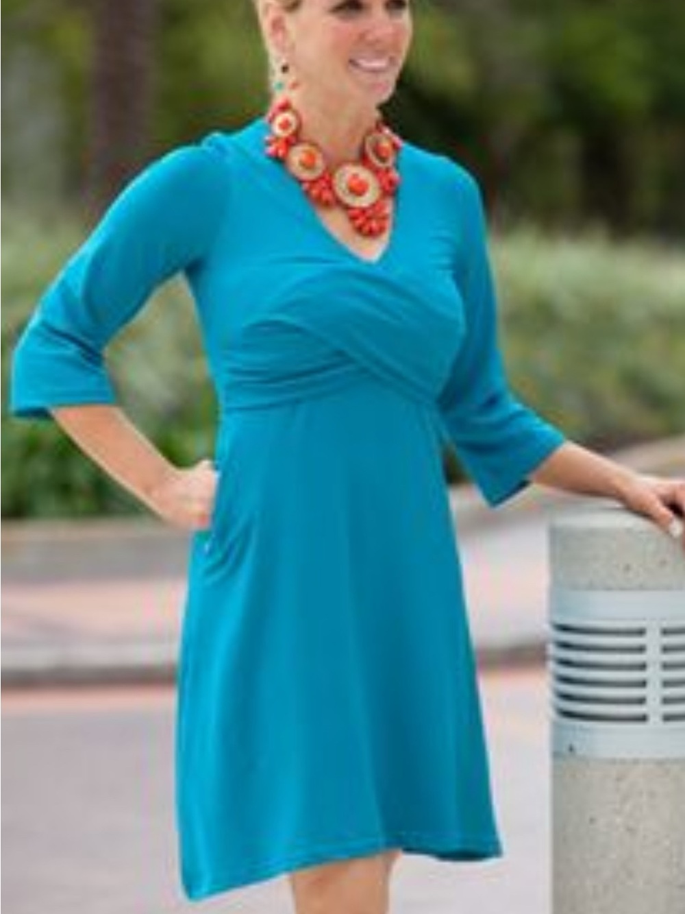 Tracy Negoshian Teal Faux-Wrap Long Sleeve A-Line Dress